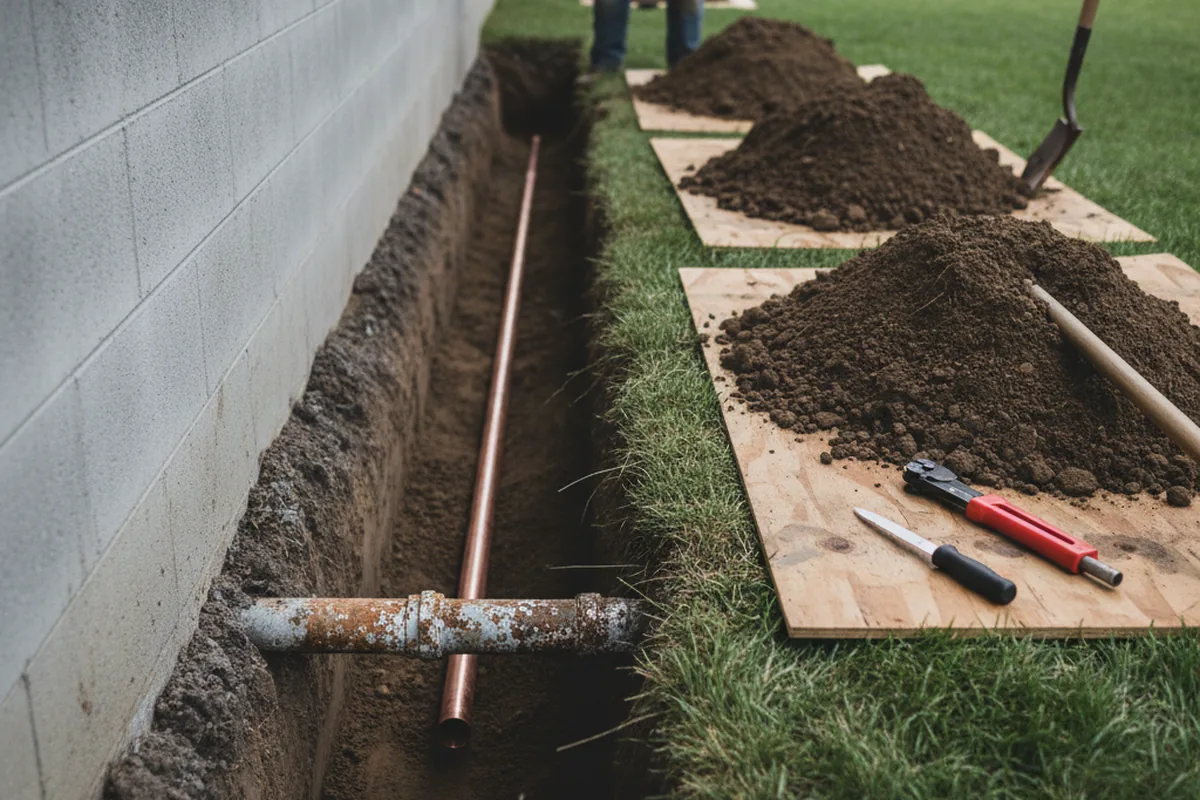Excavated water line trench during Sewer Line Repair in Hedgesville